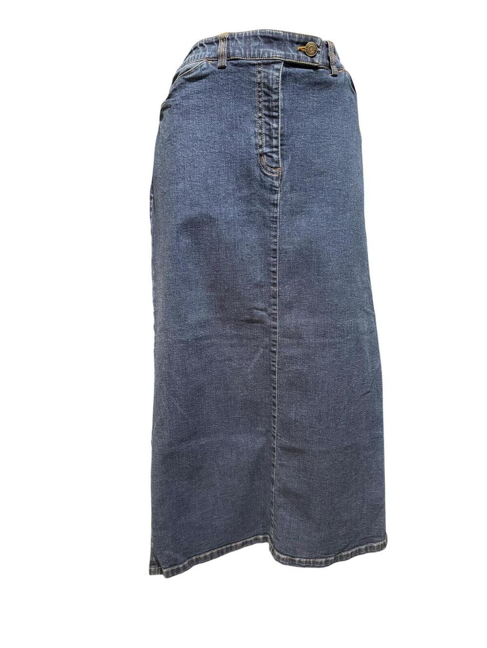 Westbound Classic Blue Denim Midi Skirt with Back Pockets